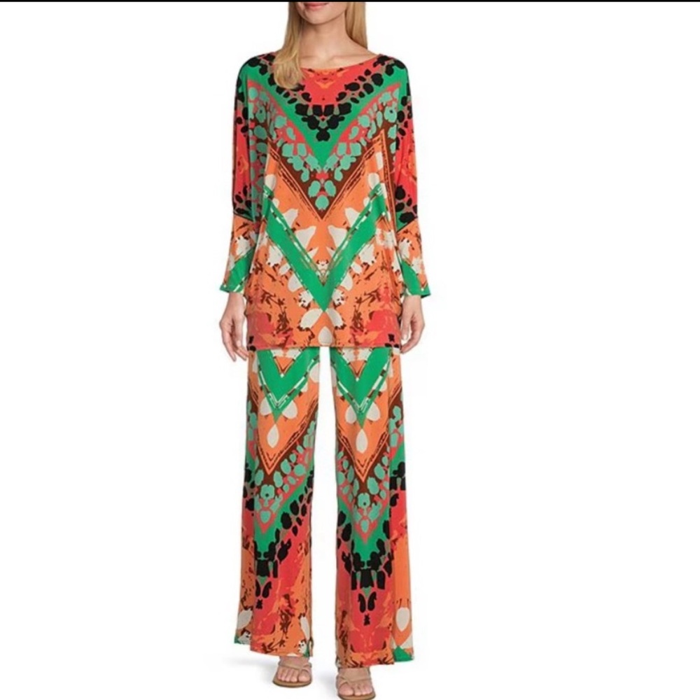 Eva Varro Maxine print Collection, Orange and Green Pants & Tunic coordinate